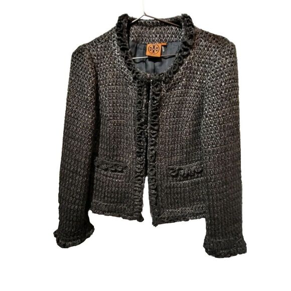 Tory Burch Retail $595 Grey Blue Tweed Pattern Fringe Trim Jacket Size 8 - Picture 1 of 10